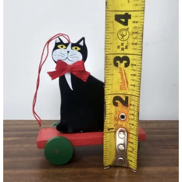 Vtg Midwest Wood Black Cat On Red Cart Christmas Ornament Shelf Sitter Pull Toy - Picture 8 of 8